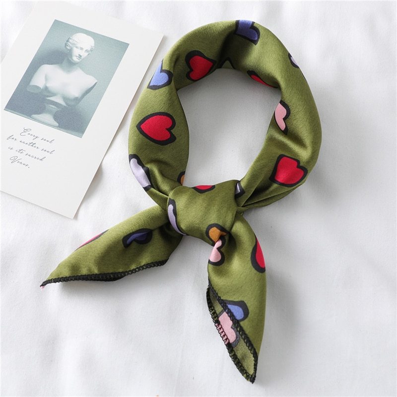 Lovely Heart Print Small Silk Scarf for Hair Tie Women Square Neck Scarves Foulard Female Bag Skinny Band Neckerchief Bandana