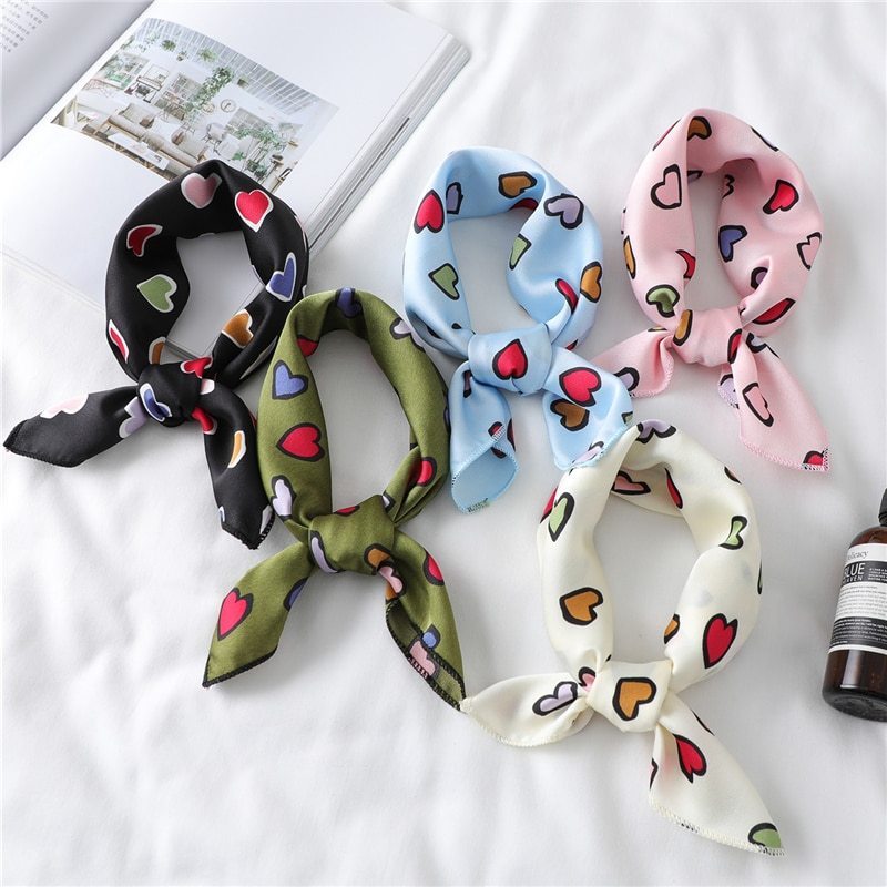 Lovely Heart Print Small Silk Scarf for Hair Tie Women Square Neck Scarves Foulard Female Bag Skinny Band Neckerchief Bandana