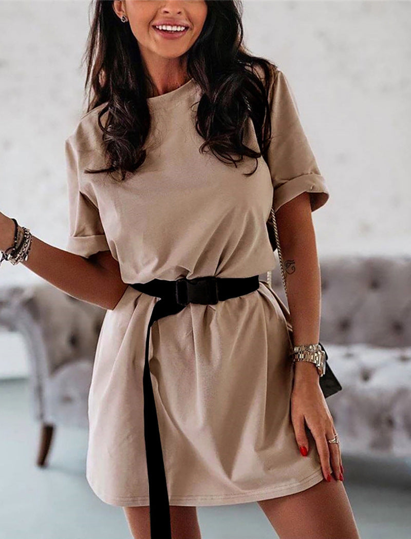 Fashion Loose Belts Ladies Dress Women Short Sleeves Shirt