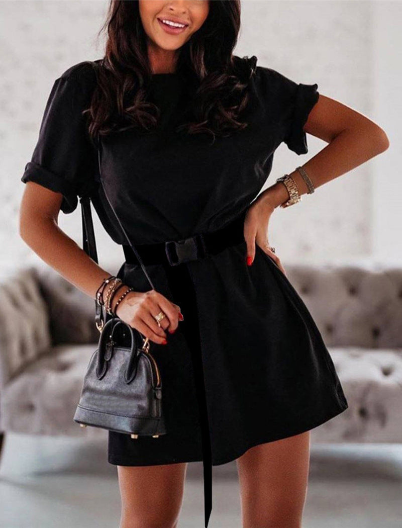 Fashion Loose Belts Ladies Dress Women Short Sleeves Shirt