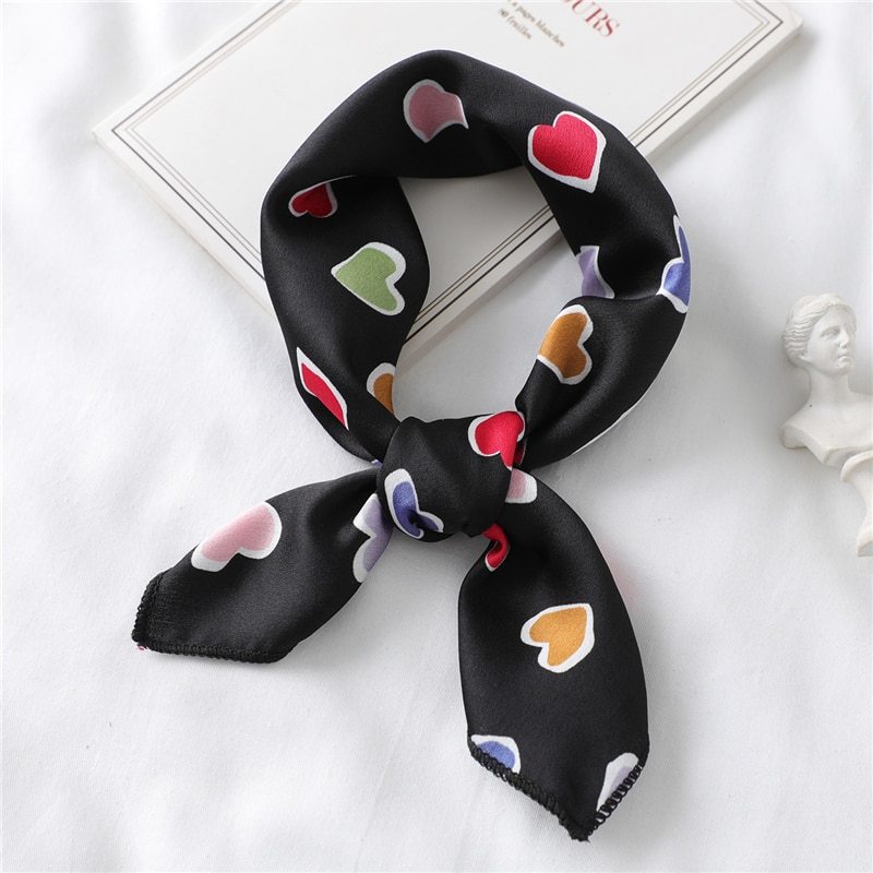 Lovely Heart Print Small Silk Scarf for Hair Tie Women Square Neck Scarves Foulard Female Bag Skinny Band Neckerchief Bandana