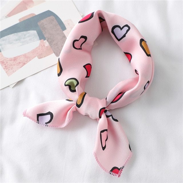 Lovely Heart Print Small Silk Scarf for Hair Tie Women Square Neck Scarves Foulard Female Bag Skinny Band Neckerchief Bandana