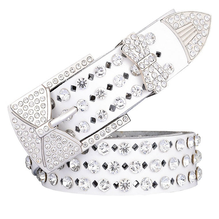 Women's Leather Hollow Leather Belt With Rhinestones And Butterfly Pin Buckle