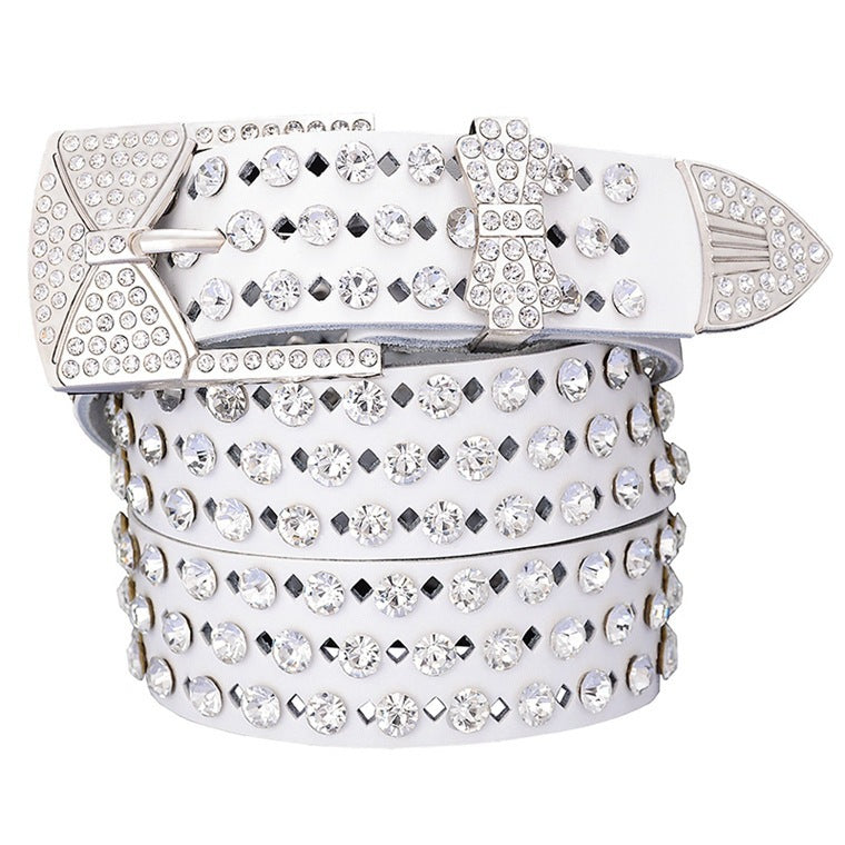 Women's Leather Hollow Leather Belt With Rhinestones And Butterfly Pin Buckle