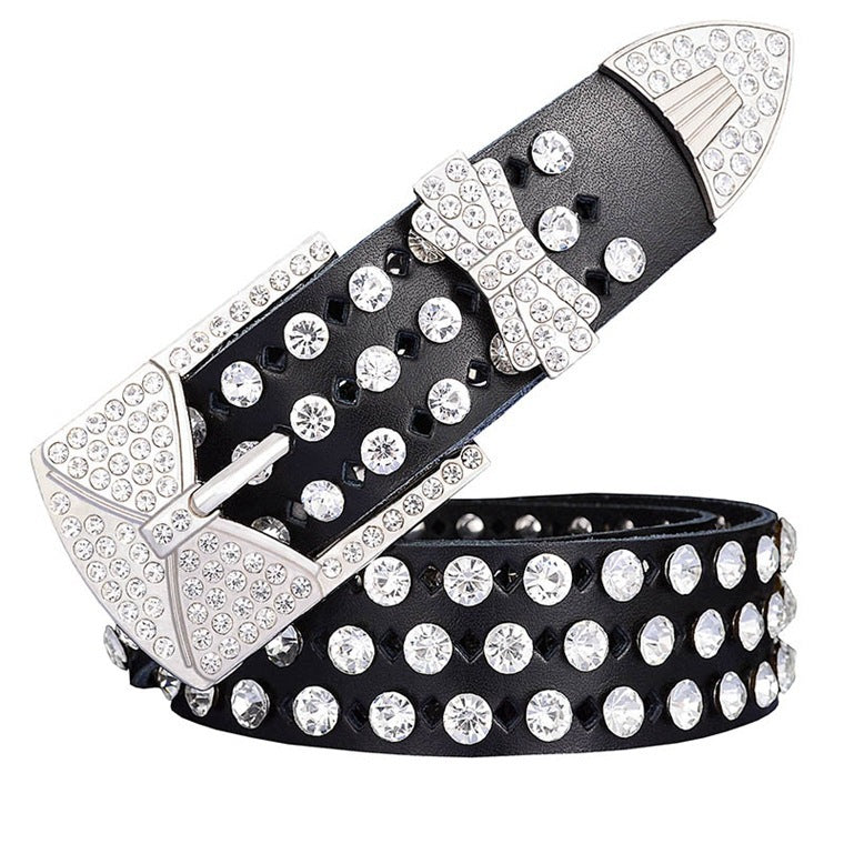 Women's Leather Hollow Leather Belt With Rhinestones And Butterfly Pin Buckle